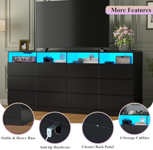 Gyfimoie 12-Compartment Divided Drawer Dresser w/Power Outlet, LED Light