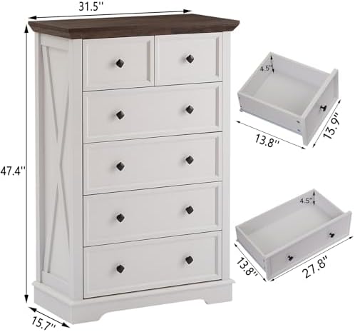 Farmhouse 6 Drawers Dresser Chests for Bedroom, White 6 Chest of Drawers