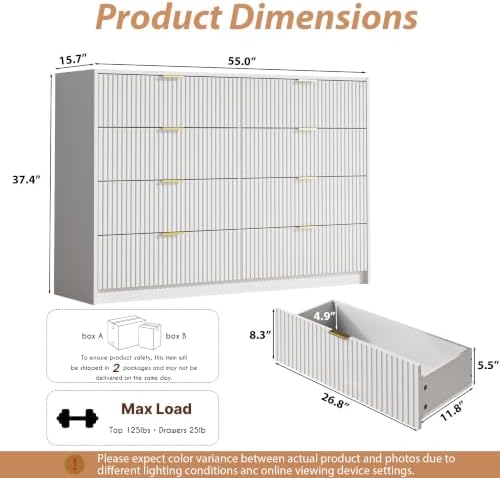 MAISONARIA White Dresser for Bedroom, 8 Drawer Double Dresser, Modern Chest of Drawers for Bedroom, Living Room, Entryway and Closet, 55" L x 15.7" D x 37.4" H