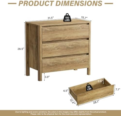 Furniway 31.5" Wide 3 Drawer Wood Dresser for Bedroom, Natural Oak