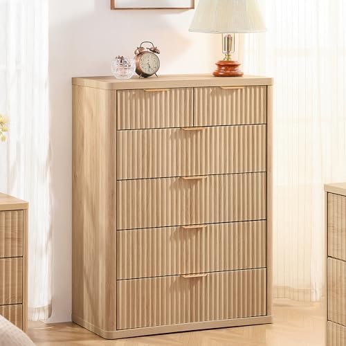 LEYAOYAO Farmhouse Fluted 6 Drawers Dresser for Bedroom, 42" Tall Modern Chest of Drawers with Curved Profile Design & Metal Handle,Natural Wood Drawer Organizer for Bedroom
