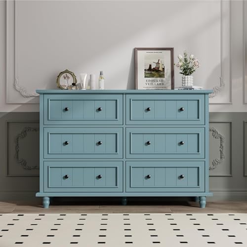 Blue 6 Drawer Dresser, Vintage Chest of Drawers, 47.2'' Bedroom Cabinet