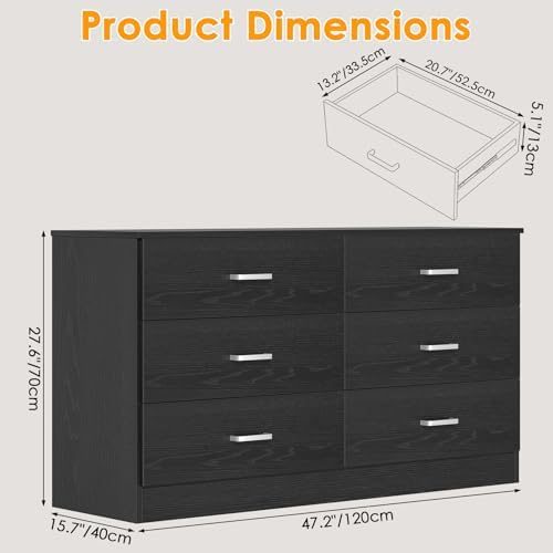 Bigbiglife Wood Dresser for Bedroom, 6 Drawer Double Dresser, Modern Chest of Drawers with Deep Drawers, Large Storage Organizer for Living Room, Closet (Black)