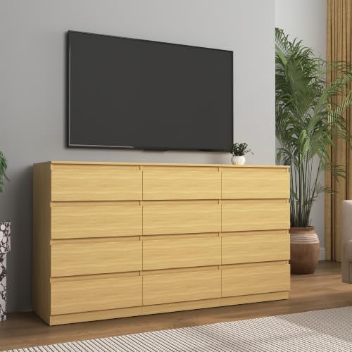 Vibe & Dine 12 Drawer Dresser, 59.1" Large Dresser for Bedroom Free Handle, Modern Wooden Chest of Drawers with Wide Storage for Living Room, Natural Wood