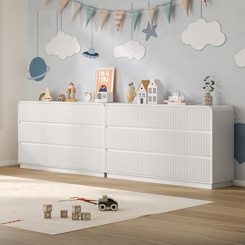 BORNOON Dresser for Bedroom with 9 Drawers, Fluted Chest of Drawers with Round Curved Corner, Hidden Handles, Modern Wood Storage Organizer for Bedroom, Nursery, Living Room