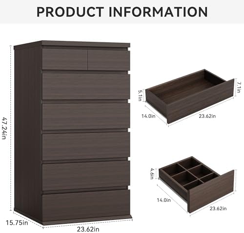 Brown Tall 7 Drawer Dresser for Bedroom, Modern Wood Closet Dressers & Chests of Drawers with Jewelry Storage, 23.6" L*15.8" W*47.5" H in Large Vertical Dresser for Bedroom, Living Room, Nursery