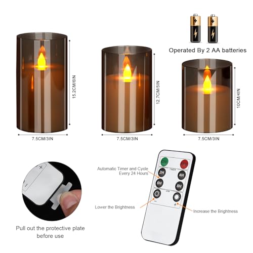 Flameless Candles 4" 5" 6" Acrylic Glass Pillars 3" Diameter Battery Operated Flickering Candles Include Remote with 24Hour Timer Function 400+ Hours by 2 AA Batteries (Gray, Warm Light 9 Pack) - color: Gray, size: Warm Light 9 Pack