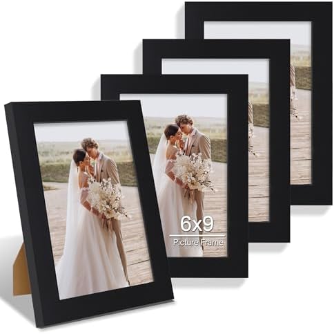 Hongkee 6x9 Picture Frame Set of 4, Made of Real Glass and Black Wooden Frame - 6 by 9 Photo for Wall or Tabletop Display