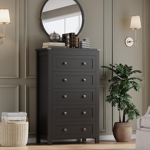 BORNOON Tall 5-Drawer Dresser, Modern Wooden Storage Chest of Drawers, Dresser TV Stand, Wood Drawer Organizer with Metal Handles for Bedroom, Living Room, Hallway