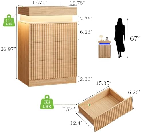Fluted LED Night Stand with Charging Station, Natural Oak