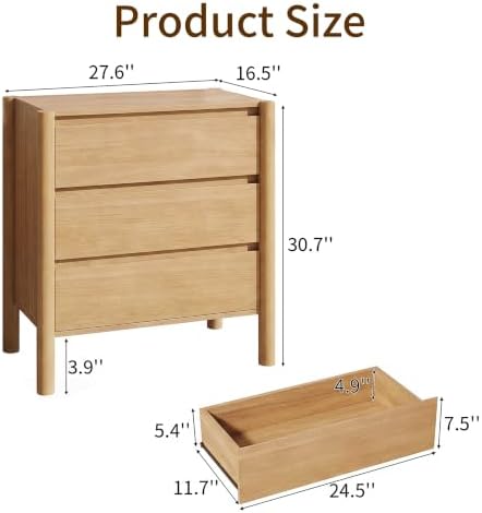 CHUWELL 27.6" Wide Oak 3 Drawer Dresser for Bedroom with Solid Wood Legs
