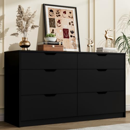 YESHOMY Black Dresser for Bedroom, 47.2" Modern Wood Chest with 6 Drawers