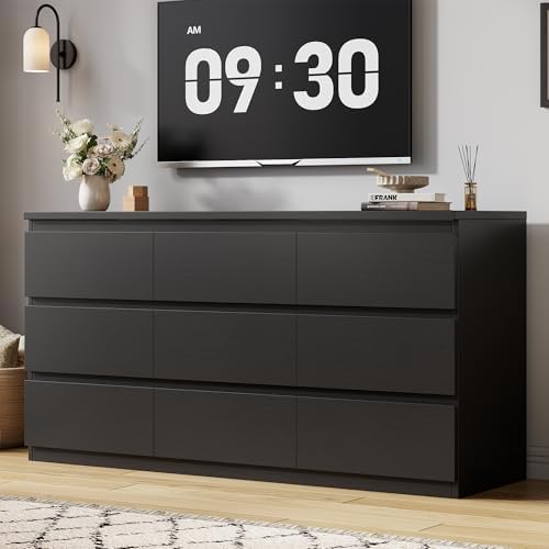 Jocoevol Modern 9 Drawer Dresser for Bedroom, Simply Chest of Drawers, Wood Storage Dresser with Deep Drawers for Living Room Hallway Entryway (Black)