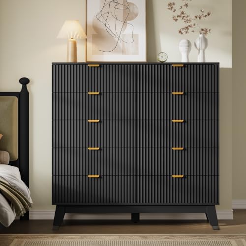 BORNOON 46" Tall Dresser for Bedroom, 10-Drawer Fluted Chest of Drawers, Modern Wood Highboy with Metal Slides and Handles, Anti-Tip Kit, Vertical Clothes Storage Organizer for Apartment, Closet