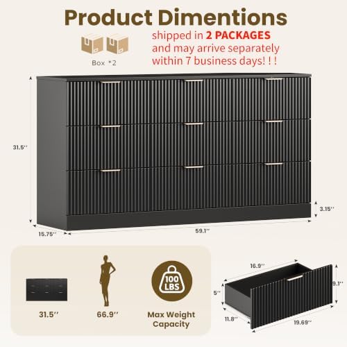 MALOL Fluted 9 Drawer Dresser for Bedroom, 59" Wide Wood Chest of Drawers with Metal Handle, Long Dresser Storage Organizer TV Stand for Closet, Living Room, Hallway, Black