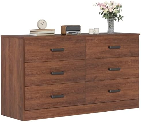 Bigbiglife Wood Dresser for Bedroom, 6 Drawer Double Dresser, Mid Century Modern Chest of Drawers with Deep Drawers, Large Storage Organizer for Living Room, Closet(Walnut Brown)