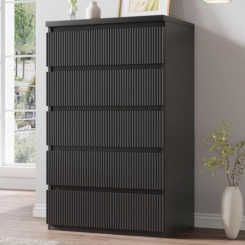 Jocoevol 5 Drawer Dresser, 43" Tall Dresser Chest of Drawers Fluted Design, Wood Mid Century Vertical Dresser Natural Texture for Bedroom, Black Dresser