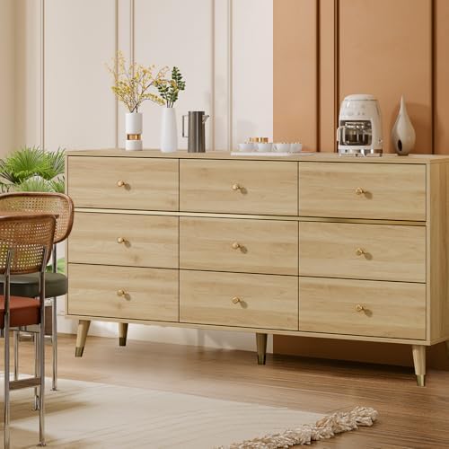 Chrangmay 9 Drawer Dresser,47" Wide Mid Century Modern Chest of Drawers,Wooden Bedroom Drawer Dresser with 9 Storage Drawers for Bedroom, Living Room,with Anti-Tipping Device,Yellow