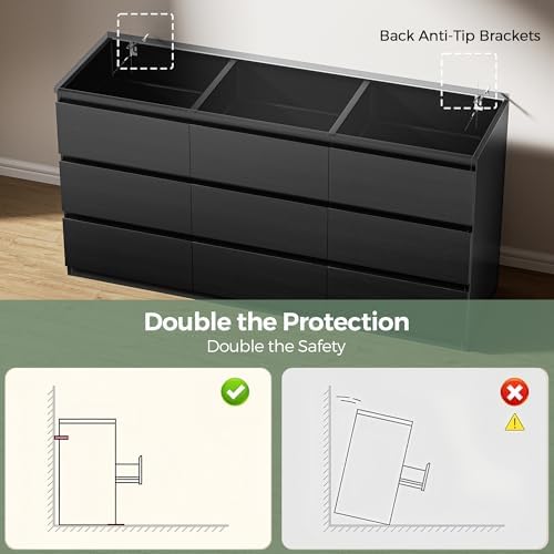 Jocoevol Modern 9 Drawer Dresser for Bedroom, Simply Chest of Drawers, Wood Storage Dresser with Deep Drawers for Living Room Hallway Entryway (Black)