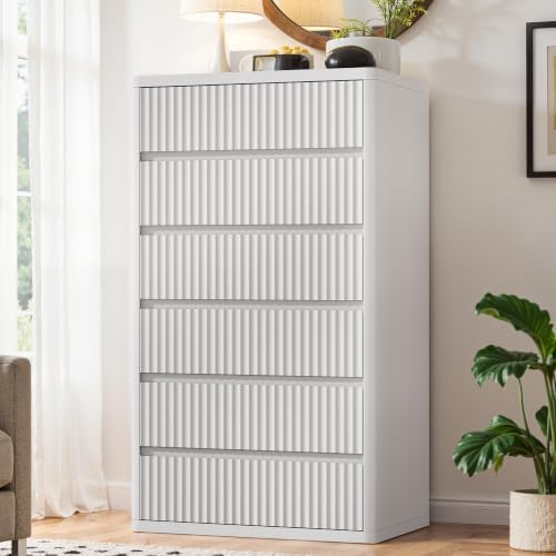 Standifurno White 56" Tall Dresser for Bedroom, Fluted Vertical Dresser with 6 Deep Drawers, Modern Chest of Drawers with Curved Profile, Wooden Drawer Organizer for Living Room, Hallway, Closet
