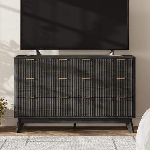 47" Wide Fluted 6 Drawers Dresser for Bedroom,Curved Edge,Black