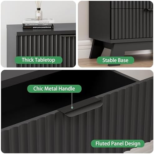 Xixini Fluted Nightstand with 4 Drawers, 31.5" Wide Side Table, Black