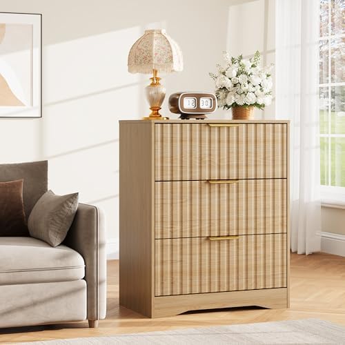 Fluted 3 Drawer Dresser for Bedroom, 30" Tall Modern Dressers, Natural Oak