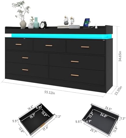 Hlivelood 7 Drawer Dresser with LED Light and Charging Station, Modern Chest of Drawers for Closet, Wide Drawer Organizer Cabinet for Bedroom, Living Room, Entryway, Hallway, Black