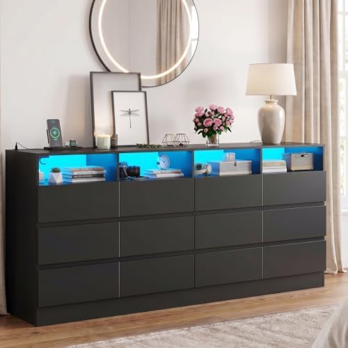 Gyfimoie 12-Compartment Divided Drawer Dresser w/Power Outlet, LED Light