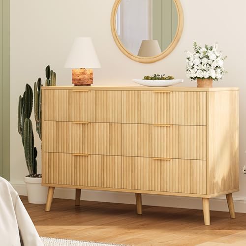Fluted 6 Drawers Dresser for Bedroom, Wooden Wide Chest of Drawers with Metal Handle, Dresser TV Stand, Closet Storage Organizer for Entryway, Living Room, Hallway (Natural)