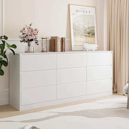 Bobve 70.9” Dresser for Bedroom with 9 Drawers, Large Modern Chest of Drawers with Deep Drawers, Wide Double Dresser Handle Free, Storage Organizer for Bedroom, Living Room, Hallway (White)