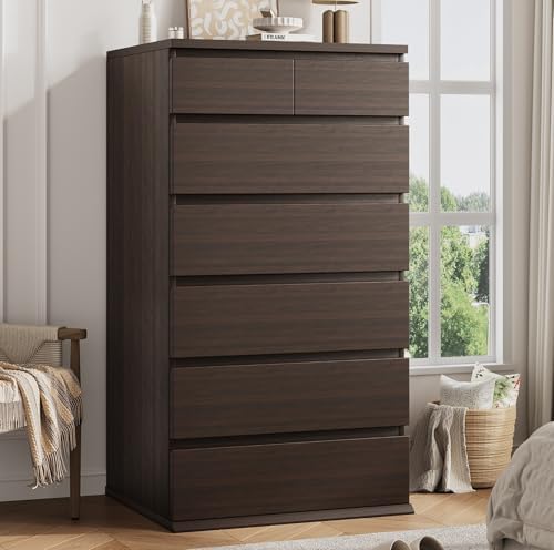 Brown Tall 7 Drawer Dresser for Bedroom, Modern Wood Closet Dressers & Chests of Drawers with Jewelry Storage, 23.6" L*15.8" W*47.5" H in Large Vertical Dresser for Bedroom, Living Room, Nursery