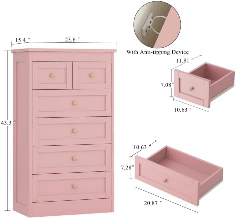 wanan Tall 6 Drawer Dresser for Bedroom, Pink Modern 43.3'' Tall Wood Chest of Drawers, Storage Organizer with Smooth Metal Rails & Anti-Tip Kit for Closet, Hallway, Living Room