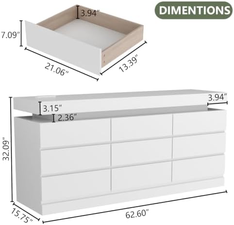 Gyfimoie 9 Drawer Dresser with Power Outlet, Modern Dresser with LED Light