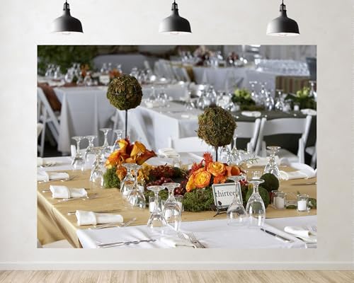 Trykid 12x8ft Wedding Table Centerpieces Backdrop Orange Roses Moss Balls Table Number Thirteen Photography Background Event Styling Tapestry Party Decoration Photo Studio Prop Fabric - size: 12x8ft
