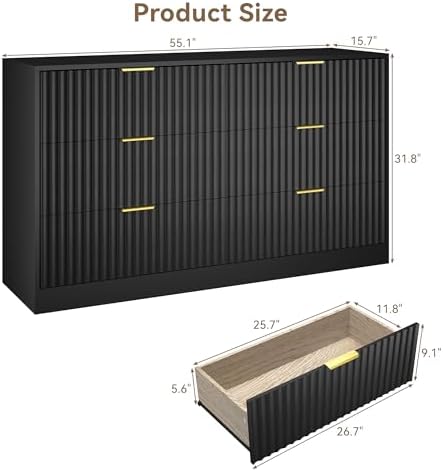 Black 6 Drawer Dresser for Bedroom, 55" Wide Fluted Chest of Drawers with Gold Metal Handles, Wood Dresser Storage Organizer Mid Century TV Stand for Living Room Closet Hallway