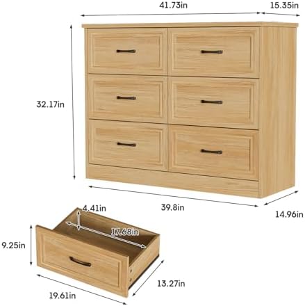 Fameill Dresser for Bedroom, 6 Drawer Wide Dresser Organizer with Charging Station for Hallway with Metal Handles, Oak