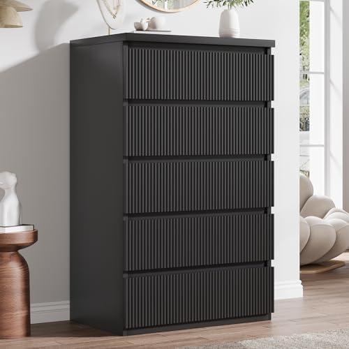 Jocoevol 5 Drawer Dresser, 43" Tall Dresser Chest of Drawers Fluted Design, Wood Mid Century Vertical Dresser Natural Texture for Bedroom, Black Dresser