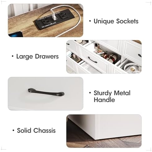 Fameill Dresser for Bedroom, 9 Drawer Wide Dresser Organizer with Charging Station, Tall Dresser for Hallway, Wood Dresser with Metal Handles, Farmhouse White