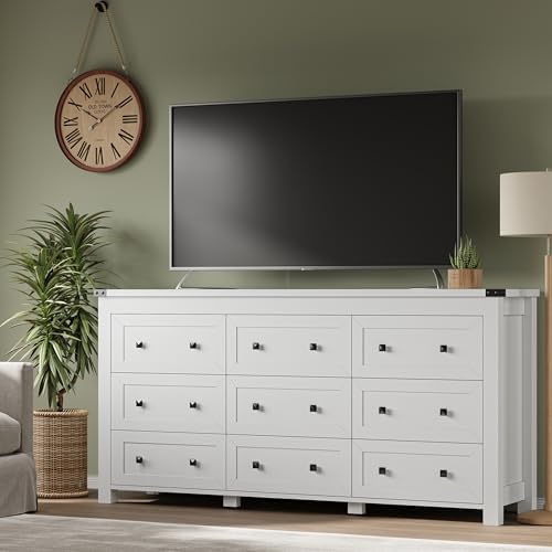 BORNOON 9-Drawer Dresser, Modern Wooden Storage Chest of Drawers, Dresser TV Stand, Wood Drawer Organizer with Metal Handles for Bedroom, Living Room, Hallway