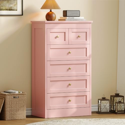wanan Tall 6 Drawer Dresser for Bedroom, Pink Modern 43.3'' Tall Wood Chest of Drawers, Storage Organizer with Smooth Metal Rails & Anti-Tip Kit for Closet, Hallway, Living Room