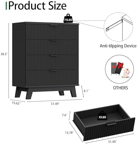Xixini Fluted Nightstand with 4 Drawers, 31.5" Wide Side Table, Black