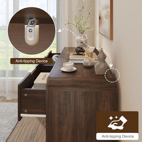 Decofy 47" W Fluted 6-Drawer Dresser for Bedroom, Walnut
