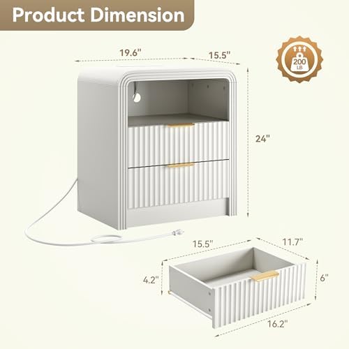 Decofy Fluted Nightstand with Charging Station, 2 Drawers, White