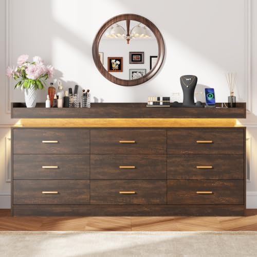 Farmhouse 9 Drawer Dresser with LED Light and Charging Station, Brown