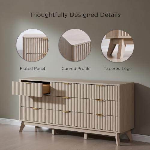 T4TREAM 63" Wide Fluted 9 Drawer Dresser for Bedroom, White Alder