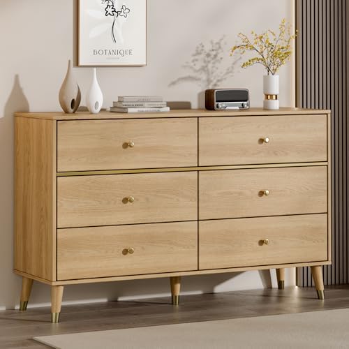 Chrangmay 6 Drawer Dresser,47.24" Wide Mid Century Chest of Drawers,Wooden Bedroom Drawer Dresser with 9 Storage Drawers for Bedroom,Living Room,with Anti-Tipping Device,Oak
