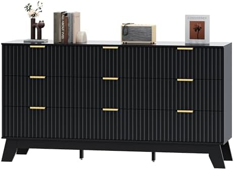 HUANLEGO Fluted Dresser for Bedroom with 9 Drawers, Black