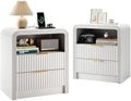 Decofy Fluted Nightstand Set of 2 with Charging Station, 2 Drawers, White