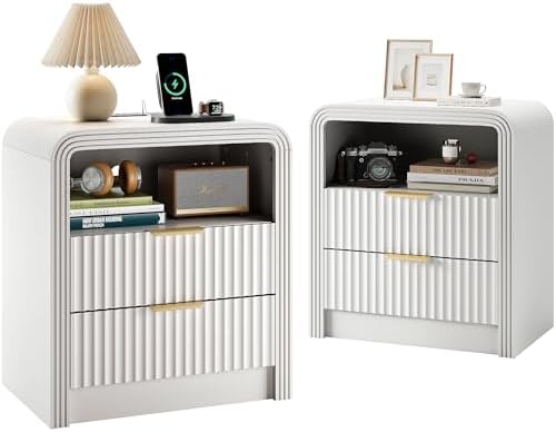 Decofy Fluted Nightstand Set of 2 with Charging Station, 2 Drawers, White